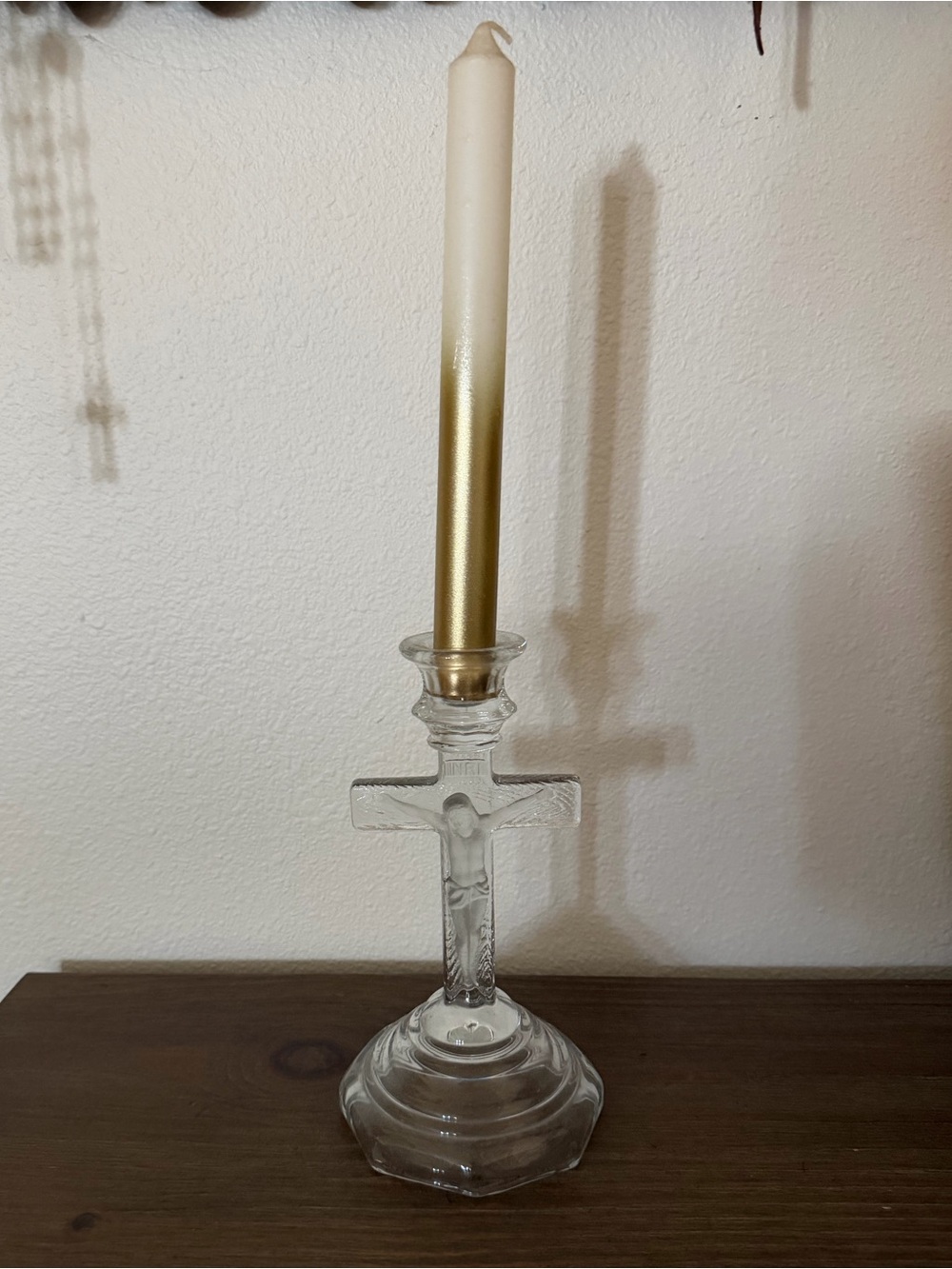 Vintage Clear Glass Crucifix Candlestick Holder